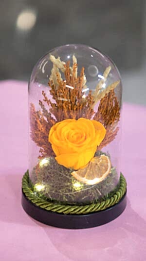 Alternative view of Teraryum şeklinde gerçek şoklanmş gül kutuda ışıklı sarı gül