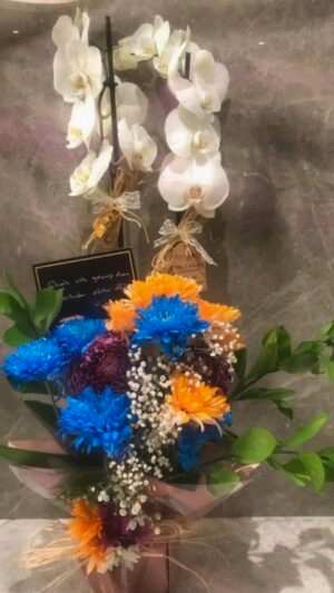 Çift Dallı Beyaz Orkide, Çiçeklerle Aranjmanlanmış