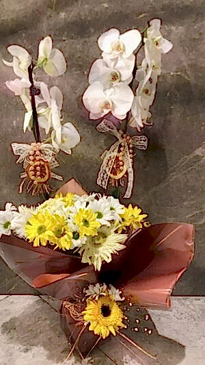 İthal Çift Dallı Beyaz Orkide, Çiçeklerle Aranjmanlanmış