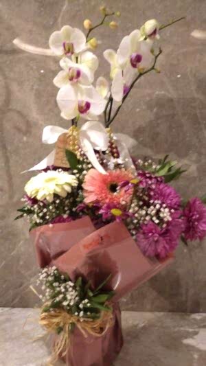 Çift Dallı İçi Pembe , Beyaz Orkide Çiçeklerle Aranjmanlanmış